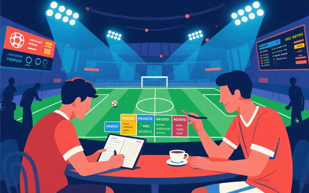 球迷对比多份世界杯预测报告并做筛选的场景插画