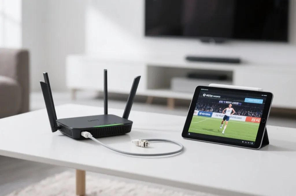 A clean modern home workspace with a high-speed router and a tablet showing live action